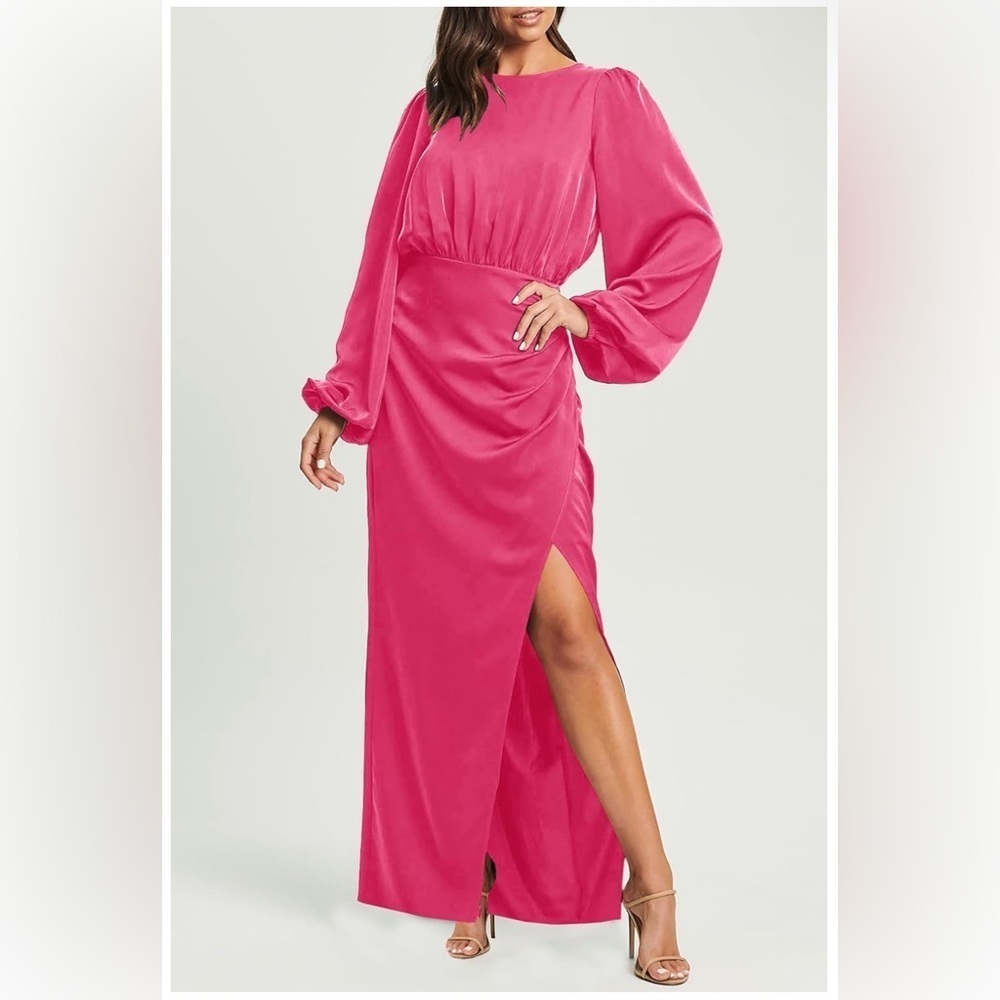 Ferlema Women's Satin Dress Long Sleeve Crew Neck Pleated High Waist Slit